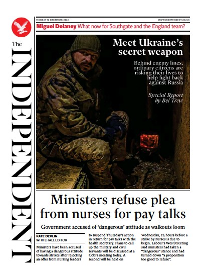 The Independent Newspaper Front Page for 12 December 2022