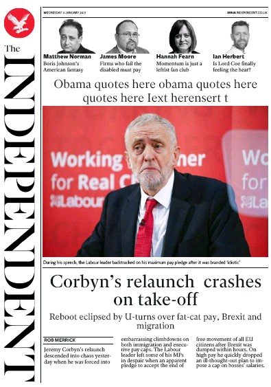 The Independent (UK) Newspaper Front Page for 12 January 2017