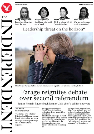 The Independent (UK) Newspaper Front Page for 12 January 2018