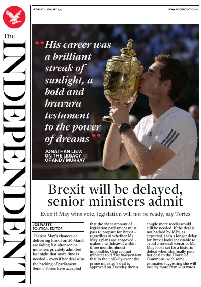 The Independent (UK) Newspaper Front Page for 12 January 2019