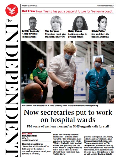 The Independent Newspaper Front Page for 12 January 2021