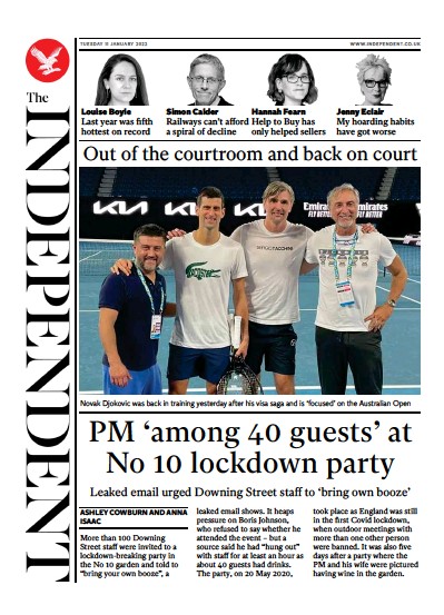 The Independent (UK) Newspaper Front Page for 12 January 2022
