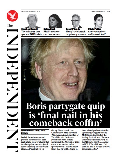 The Independent (UK) Newspaper Front Page for 12 January 2023