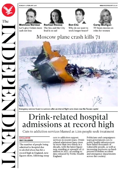 The Independent Newspaper Front Page for 12 February 2018