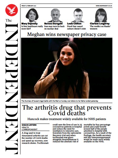 The Independent (UK) Newspaper Front Page for 12 February 2021