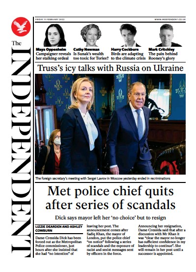 The Independent Newspaper Front Page for 12 February 2022