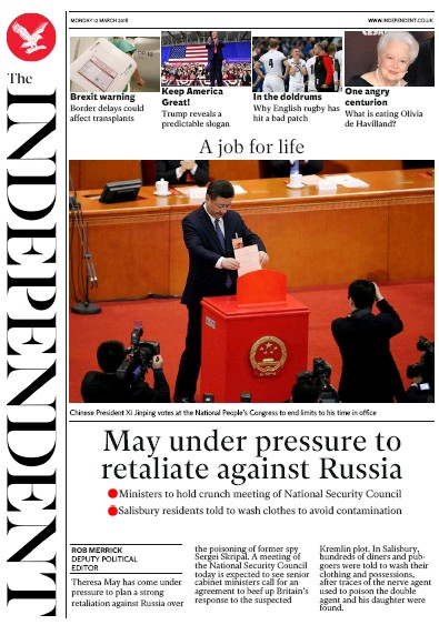 The Independent (UK) Newspaper Front Page for 12 March 2018