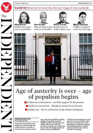 The Independent Newspaper Front Page for 12 March 2020
