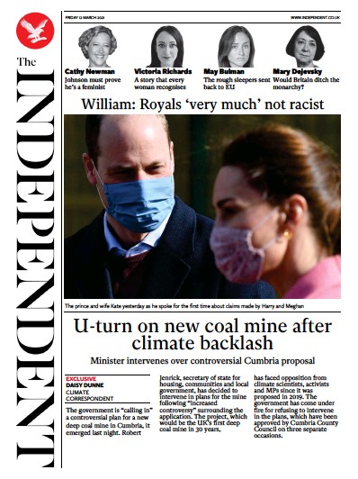 The Independent (UK) Newspaper Front Page for 12 March 2021