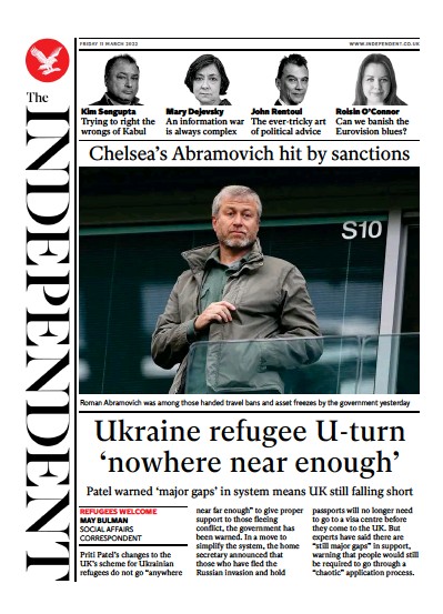 The Independent Newspaper Front Page for 12 March 2022