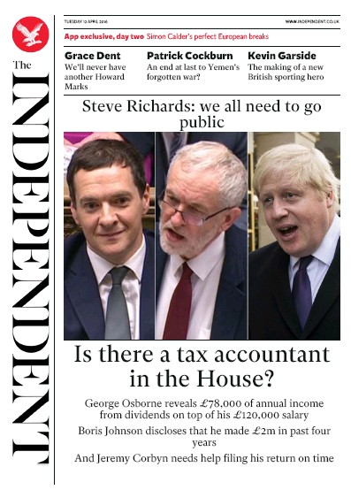The Independent Newspaper Front Page for 12 April 2016