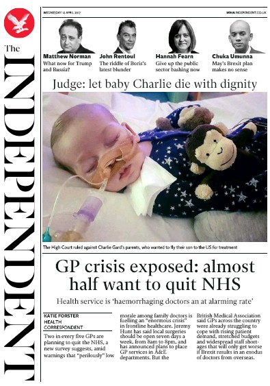 The Independent Newspaper Front Page for 12 April 2017