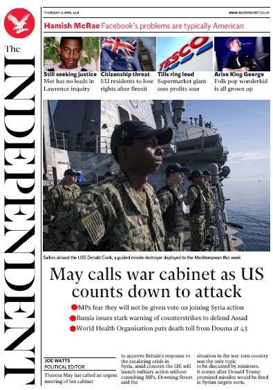 The Independent Newspaper Front Page for 12 April 2018