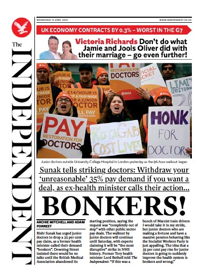 The Independent (UK) Newspaper Front Page for 12 April 2023