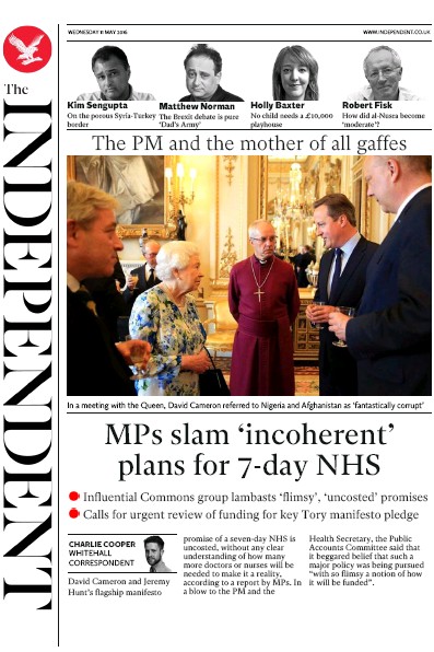 The Independent Newspaper Front Page for 12 May 2016