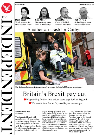 The Independent Newspaper Front Page for 12 May 2017