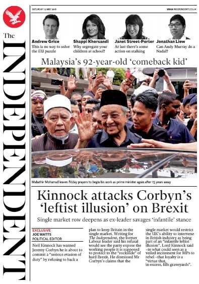 The Independent Newspaper Front Page for 12 May 2018