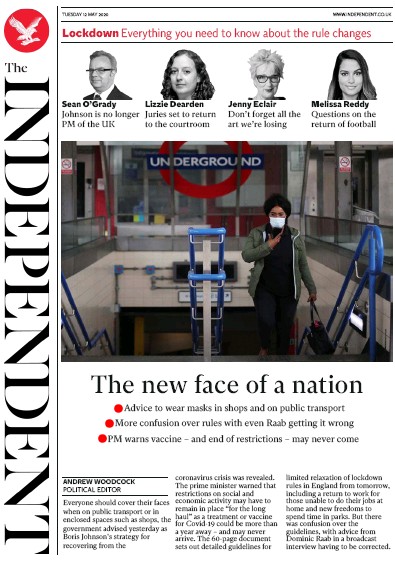 The Independent Newspaper Front Page for 12 May 2020
