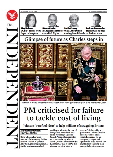 The Independent (UK) Newspaper Front Page for 12 May 2022