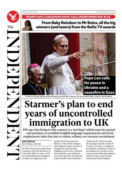 The Independent (UK) Newspaper Front Page for 12 May 2025