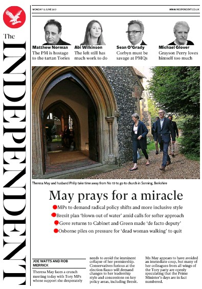 The Independent Newspaper Front Page for 12 June 2017