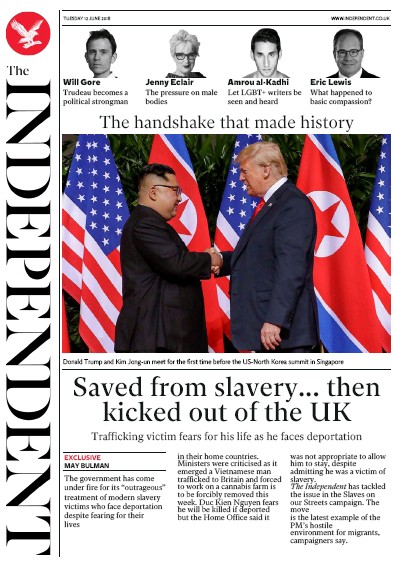 The Independent Newspaper Front Page for 12 June 2018