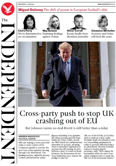 The Independent (UK) Newspaper Front Page for 12 June 2019