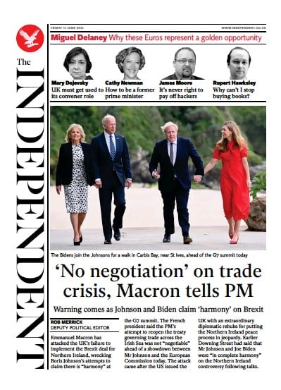 The Independent (UK) Newspaper Front Page for 12 June 2021