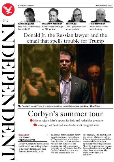The Independent (UK) Newspaper Front Page for 12 July 2017