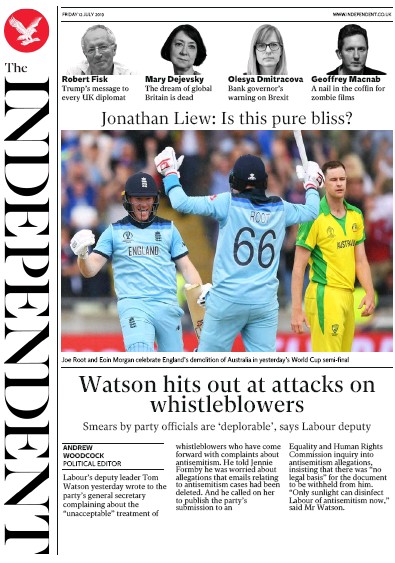 The Independent (UK) Newspaper Front Page for 12 July 2019
