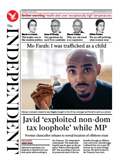 The Independent (UK) Newspaper Front Page for 12 July 2022