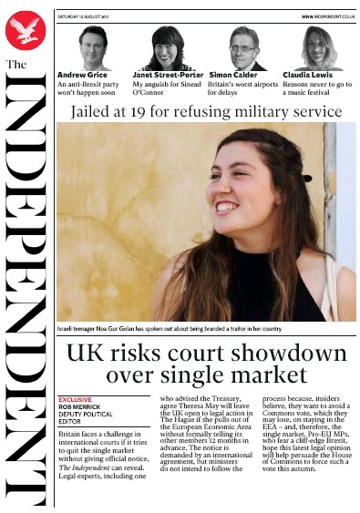The Independent Newspaper Front Page for 12 August 2017