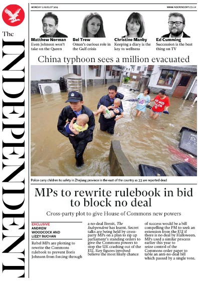 The Independent Newspaper Front Page for 12 August 2019