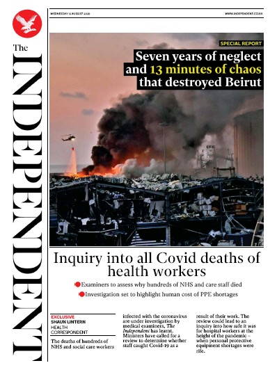 The Independent Newspaper Front Page for 12 August 2020