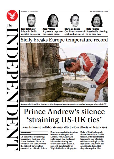 The Independent (UK) Newspaper Front Page for 12 August 2021