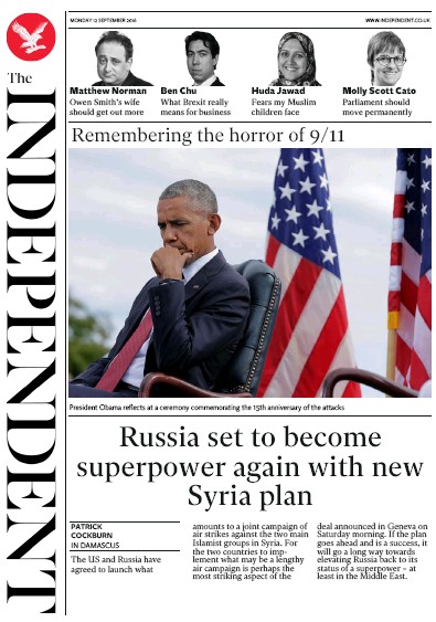 The Independent Newspaper Front Page for 12 September 2016
