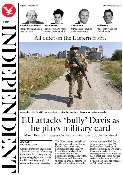 The Independent Newspaper Front Page for 12 September 2017