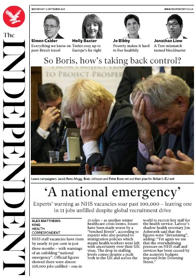 The Independent Newspaper Front Page for 12 September 2018