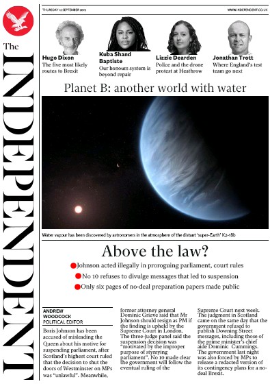 The Independent Newspaper Front Page for 12 September 2019