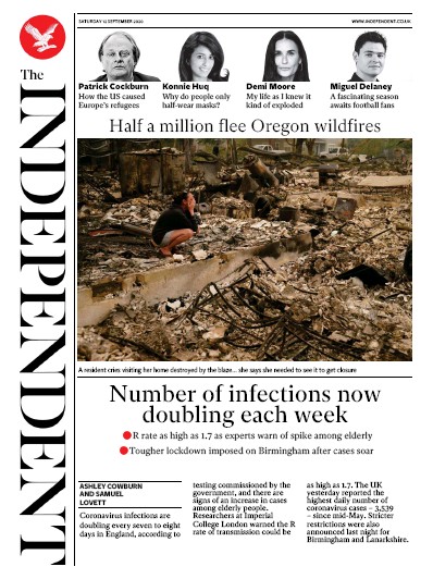 The Independent Newspaper Front Page for 12 September 2020