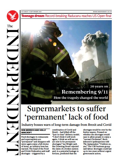 The Independent (UK) Newspaper Front Page for 12 September 2021