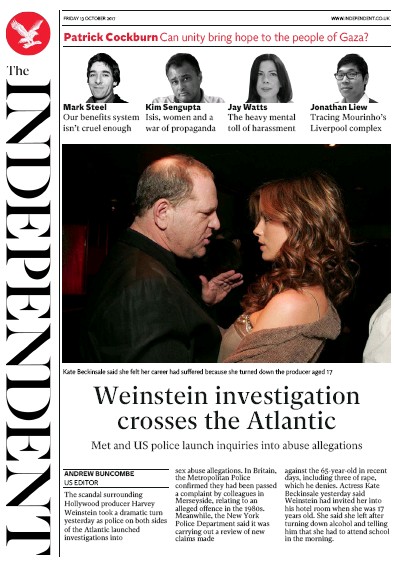 The Independent Newspaper Front Page for 13 October 2017