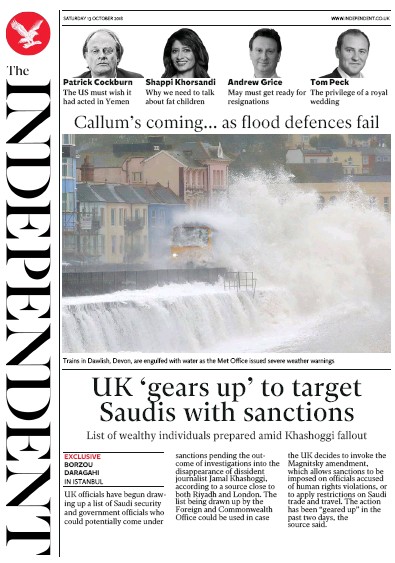 The Independent Newspaper Front Page for 13 October 2018