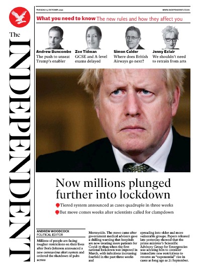 The Independent Newspaper Front Page for 13 October 2020