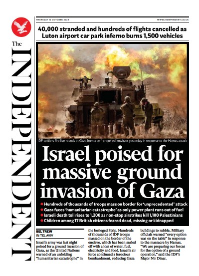 The Independent (UK) Newspaper Front Page for 13 October 2023