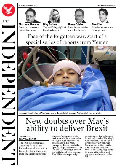 The Independent Newspaper Front Page for 13 November 2017