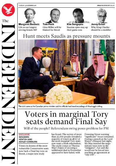 The Independent Newspaper Front Page for 13 November 2018