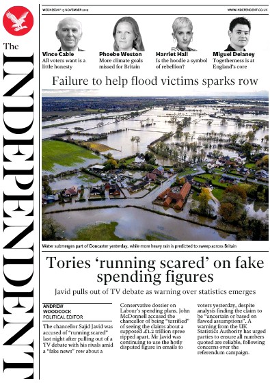 The Independent (UK) Newspaper Front Page for 13 November 2019