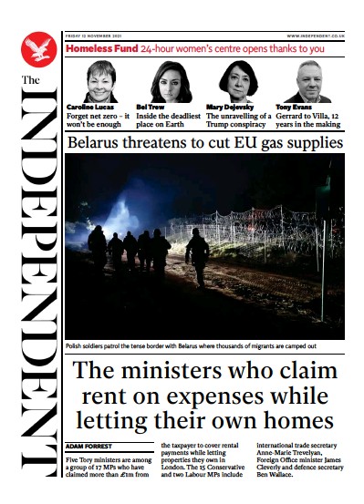 The Independent (UK) Newspaper Front Page for 13 November 2021