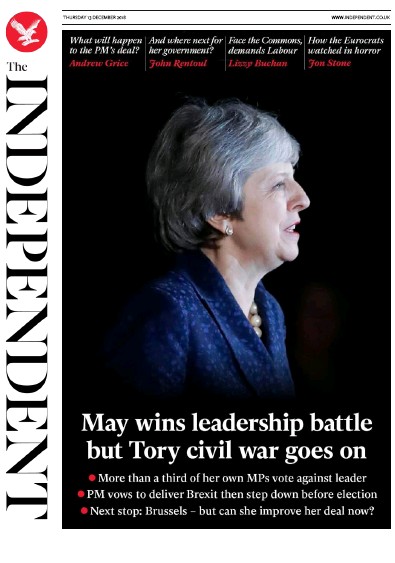 The Independent Newspaper Front Page for 13 December 2018